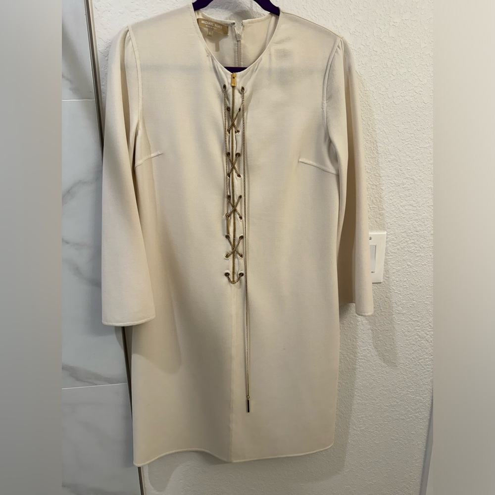 Michael Kors Crème White Short Dress Long Sleeve Gold Chain lace